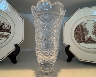 Diamond Cut Lead Crystal Footed Vase with Scalloped Rim