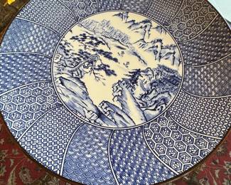 $150, Sun Ceramics Japan Blue and White Decorative Porcelain Charger Plate Landscape Scene