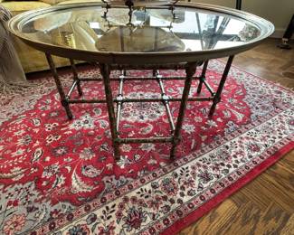 $1000, Coffee Table Large Brass and Glass Round  with Faux Bamboo Base and Decorative Center Shelf