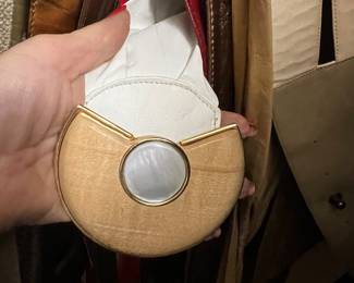 White Leather Evening Bag with Shell Inlaid Clasp