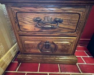 $300, American Drew Oak Nightstand End Table with Brass Hardware and Cabinet Door