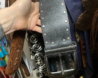 Studded Pebble Grain Leather Wide Waist Belt