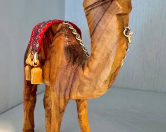 Hand-Carved Olive Wood Camel with Textile Saddle