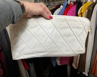 $50, Jacaranda Genuine Leather White Quilted Zip Clutch Made in Brazil Minimalist Envelope Purse 1980s/1990s