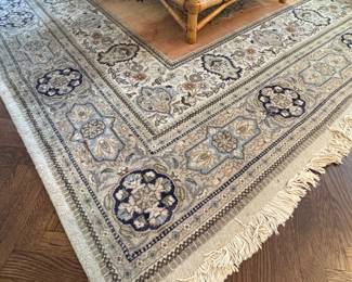 $1800, Rug, Hand Knotted Wool Area Rug with Floral Medallion Design and Fringe Ends