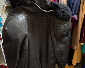 Dark Brown Leather Bomber Jacket with Shearling Collar