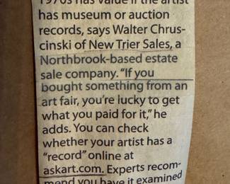 Newspaper Clipping Regarding Estate Sale Art Valuation