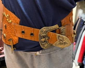 Embossed Leather Western Belt with Ornate Brass Buckle