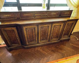 Burl Wood Inlay Sideboard with Gallery and Brass Hardware