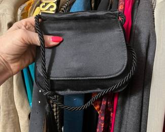 $125, Saks Fifth Avenue Made in Italy Black Satin Evening Bag Gold SCHO Shoulder Strap Formal Clutch Purse 1980s/1990s