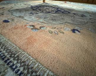 $1800, Rug, Hand Knotted Wool Area Rug with Floral Medallion Design and Fringe Ends