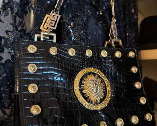 $3,500, Gianni Versace Medusa Croc Embossed Black Leather Shoulder Bag