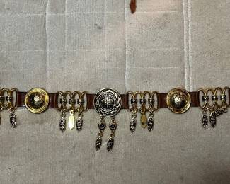 Leather and Mixed Metal Medallion Belt with Charms