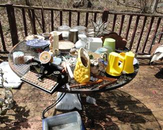 Bric a brac, iron patio table and chairs