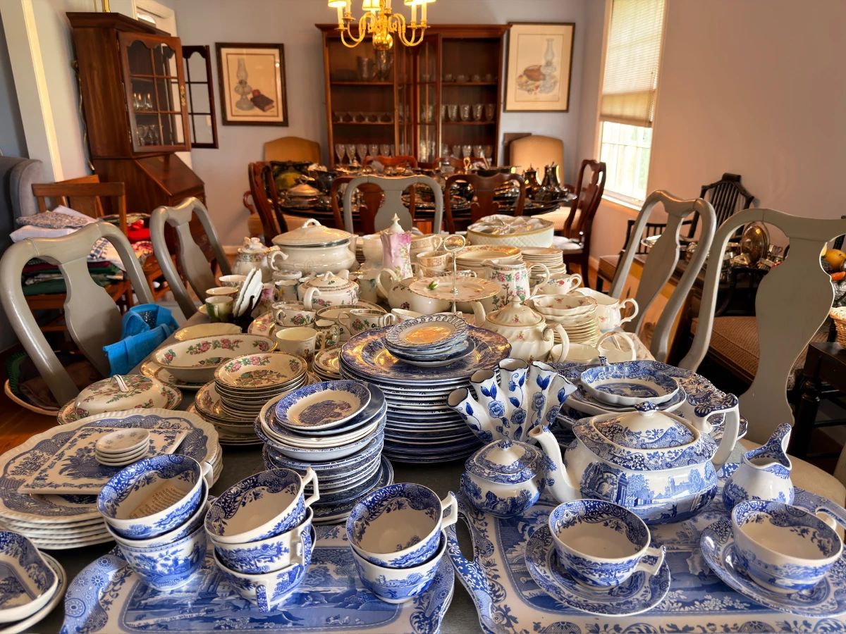 Dining room packed with blue and white transferware china