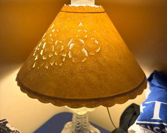 Glass base table lamp with pierced decorative shade