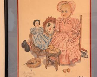 Framed C. Don Ensor signed print of Raggedy Ann and dolls