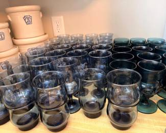 Blue glazed studio art pottery stoneware goblets and crocks