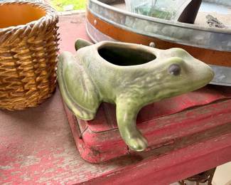 Green ceramic frog garden planter and wicker basket