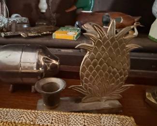 Brass pineapple figurine, silverplate cocktail shaker and collectibles