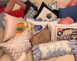 Assorted decorative throw pillows, novelty and toile prints