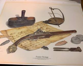 Framed C. Don Ensor signed print Frontier Heritage, flintlock pistol still life