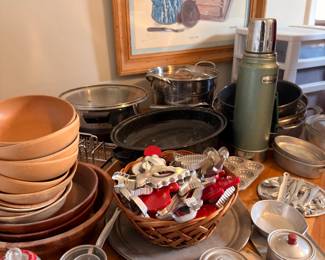 Vintage kitchenware lot, wooden bowls, copper and aluminum cookware and molds