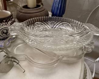 Pressed and cut glass divided relish dishes and serving trays