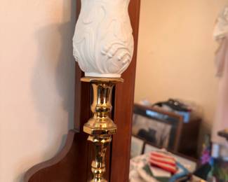 Brass candlestick lamp with milk glass tulip shade