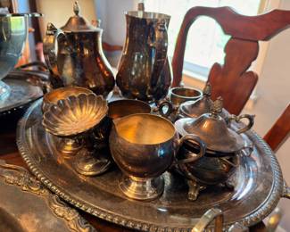 Silverplate tea and coffee service on footed tray