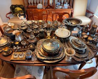 Large silver and silverplate collection, tea sets, trays and serving pieces