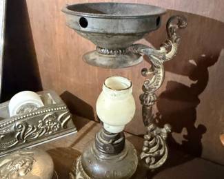 Ornate silverplate figural compote and lidded boxes