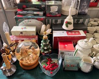 Christmas holiday decor, nativity snow globe, ornaments and holiday china