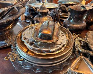 Silverplate butter dish and serving pieces