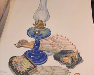 Framed C. Don Ensor signed print Fanfare, oil lamp and fan still life