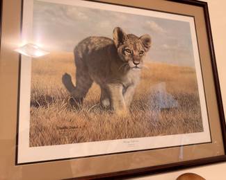 Framed signed limited edition wildlife print of a lion cub