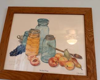 Framed C. Don Ensor The Good Things print, canning jars and fruit still life, pine frame