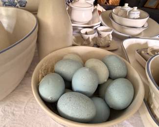 Blue band stoneware mixing bowls with decorative speckled eggs