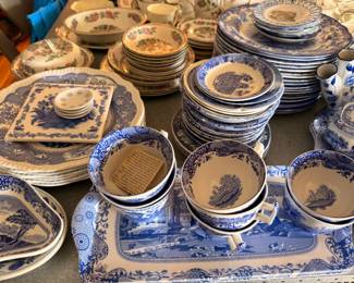 Large transferware china grouping, plates and platters