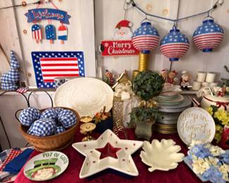 Patriotic Americana and seasonal holiday decor, flags, lanterns and star dishes