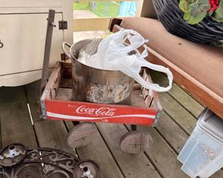 Vintage wood Coca-Cola crate, galvanized bucket and garden items