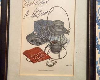 Framed C. Don Ensor signed print, railroad lantern still life