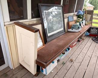 Upholstered bench, framed artwork and assorted decor