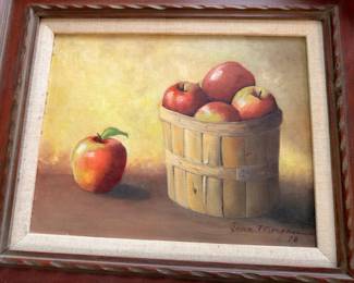 Framed signed original still life painting, apples in a bushel basket