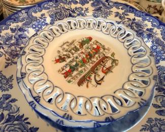 Reticulated blue and white transferware cabinet plate with center scene
