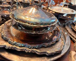 Silverplate covered serving dish on trays