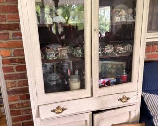 Antique white painted step-back cupboard cabinet with glass doors