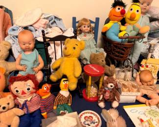 Vintage dolls, teddy bears, Raggedy Ann and Andy and Sesame Street puppets
