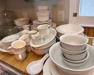 White ironstone dinnerware set, bowls, plates, cups and serving pieces