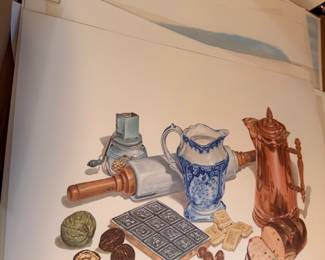Framed C. Don Ensor signed print, kitchen primitives still life